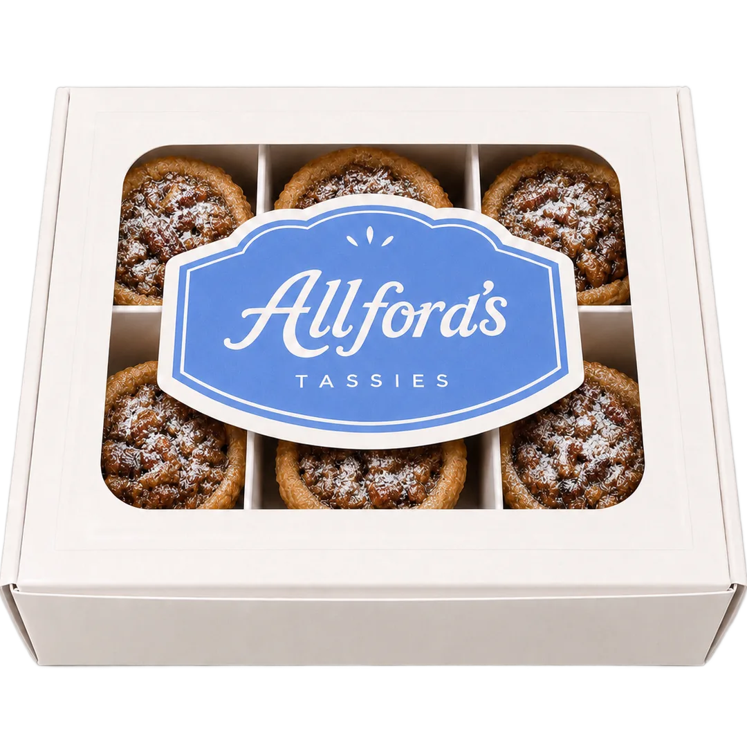 Allford's white window box of six pecan tassies